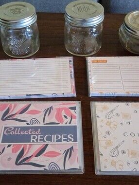 Recipe Card and Ball Mason Jar Set - Pink & Cream Collected Recipes NEW